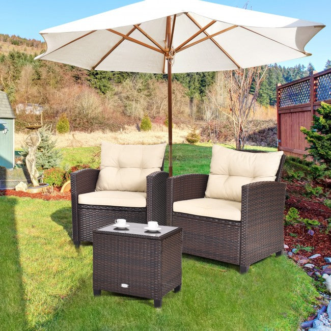 3 Pieces Rattan Patio Furniture Set Outdoor Conversation Bistro Set with Cushion and Coffee Table