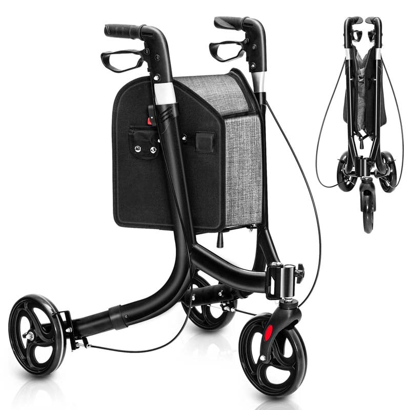 3 Wheel Foldable Rollator Walker with Height Adjustable Handles and  Removable Large Shopping Bag