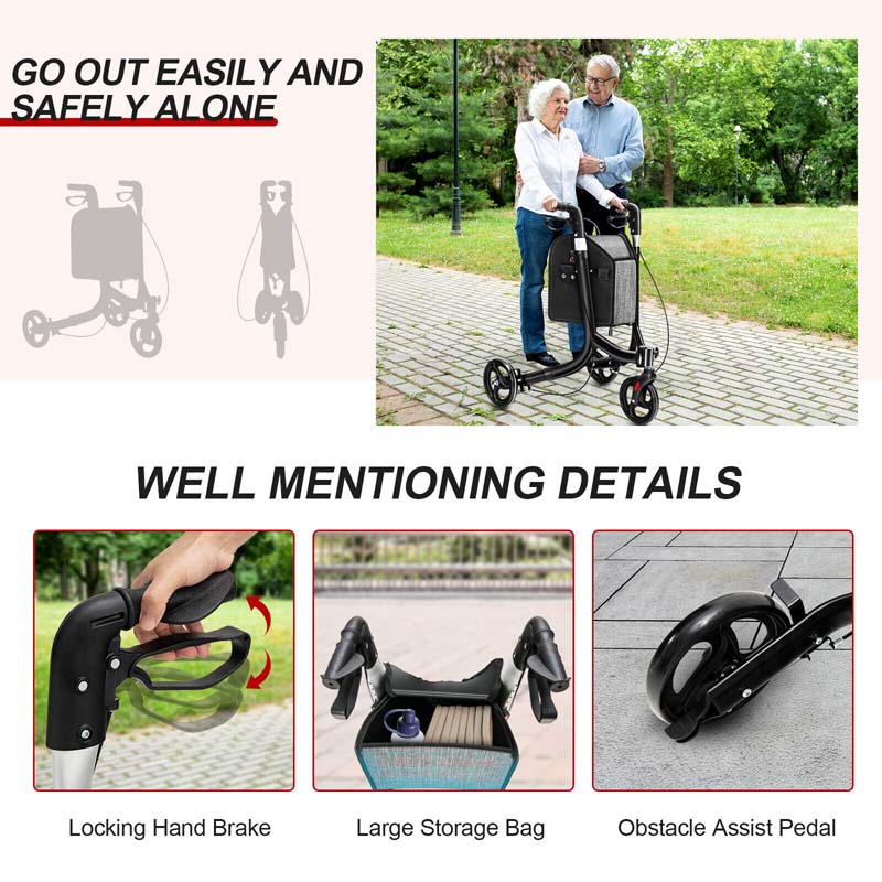 3 Wheel Foldable Rollator Walker with Height Adjustable Handles and  Removable Large Shopping Bag