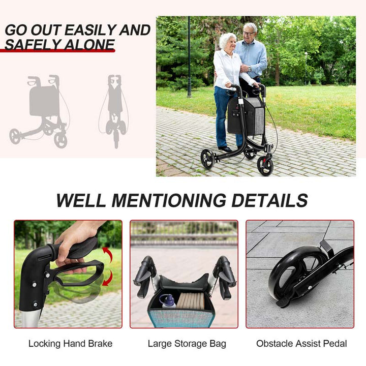 3 Wheel Foldable Rollator Walker with Height Adjustable Handles and  Removable Large Shopping Bag