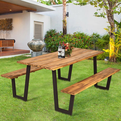 70 Inch Outdoor Dining Table Set Picnic Table Bench Set with Umbrella Hole and Metal Frame