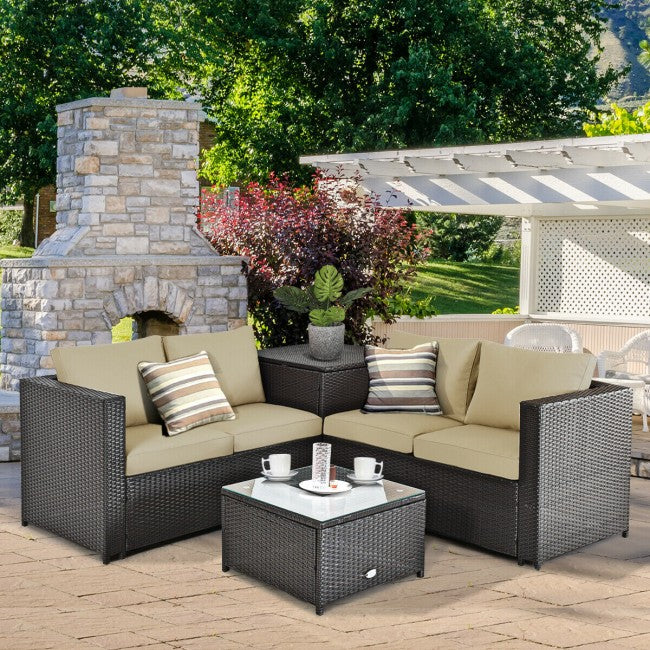 4 Pieces Outdoor Rattan Furniture Set Patio Wicker Conversation Sofa Set with Cushion and Table