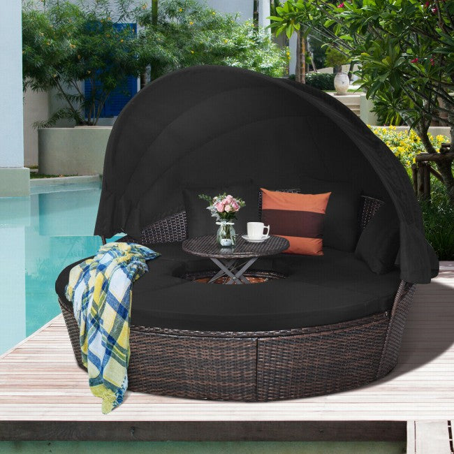 Outdoor Wicker Furniture Sets Patio Round Rattan Daybed With Retractable Canopy