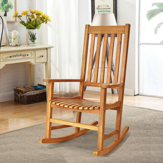 Oversized Wooden Porch Rocking Chair High Back Slat Seat
