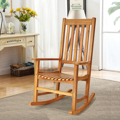 Oversized Wooden Porch Rocking Chair High Back Slat Reclining Seat