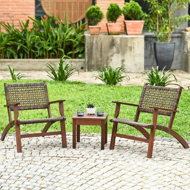 3 Pieces Outdoor Wooden Patio Rattan Furniture Set