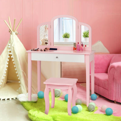 Kids Princess Make Up Dressing Table with Tri-folding Mirror and Chair