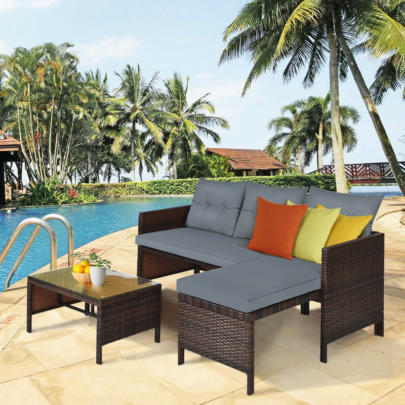 3 Piece Outdoor Patio Corner Rattan Sofa Set