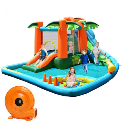 7 in 1 Kids Inflatable Bounce House, Giant Water Slide Park Jumping Castle with Blower and Climbing Wall