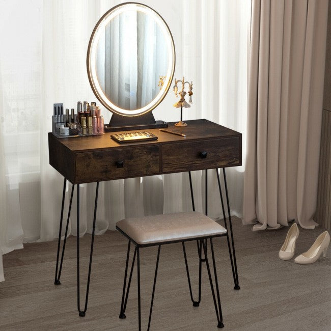 Vanity Table Set Makeup Dressing Desk with Touch Screen Adjustable Brightness Mirror and Cushioned Stool