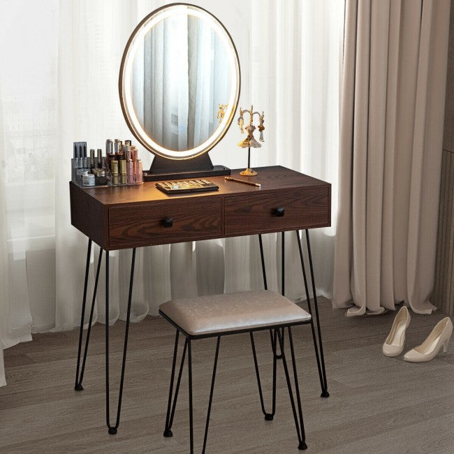 Vanity Table Set Makeup Dressing Desk with Touch Screen Adjustable Brightness Mirror and Cushioned Stool