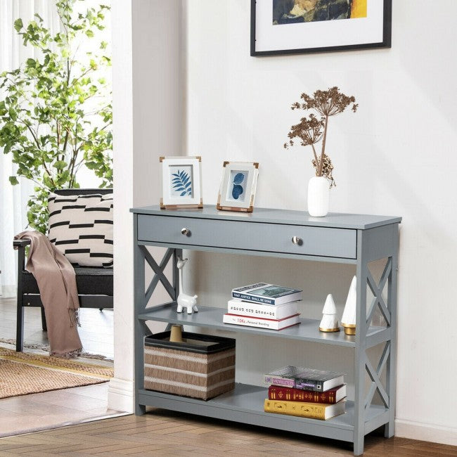 3-Tier Side Console Table Entryway Table Narrow Accent Table with Drawer and Storage Shelves