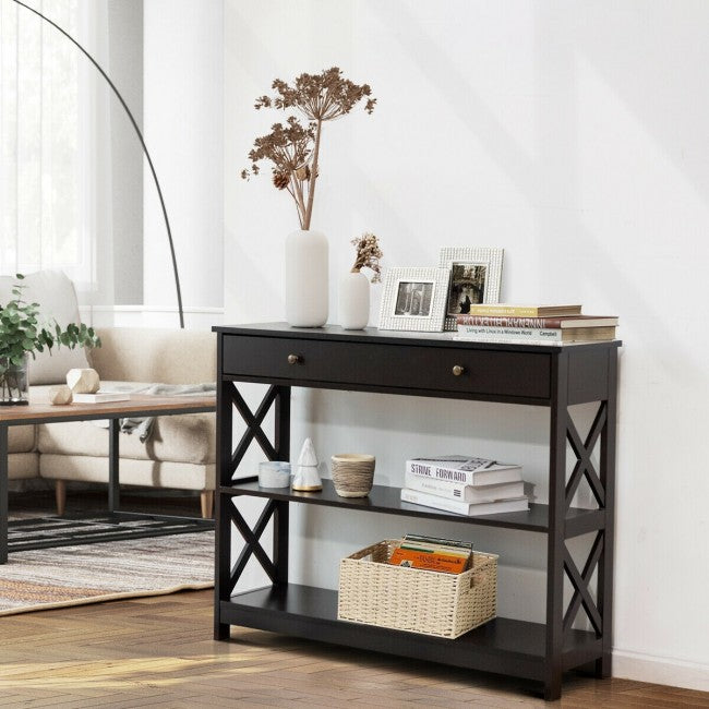 3-Tier Side Console Table Entryway Table Narrow Accent Table with Drawer and Storage Shelves