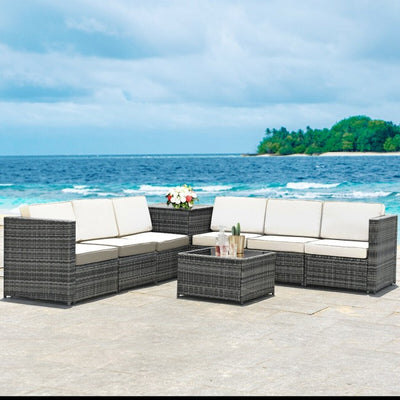 8 Piece Outdoor Patio Rattan All-Weather Conversation Sectional Sofa Furniture Set with Cushion