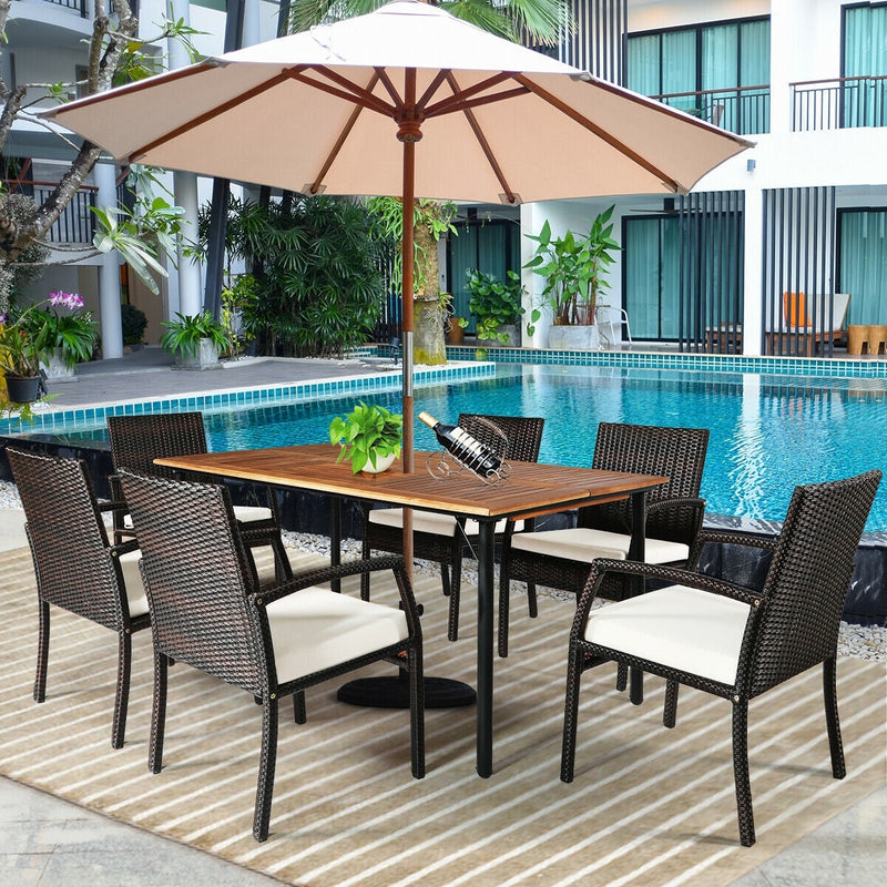 7 Pieces Patio Rattan Cushioned Dining Set with Umbrella Hole