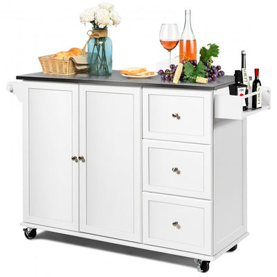 Kitchen Island Cart Rolling Trolley 2-Door Storage Cabinet with Adjustable Shelves and 3 Drawers