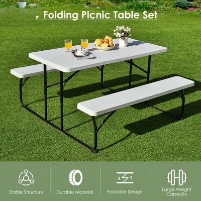 Outdoor Camping Picnic Table Bench Set Dining Set with Metal Base