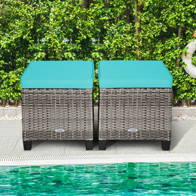 2 Pieces Patio Rattan Ottomans Seat Outdoor Footstool Footrest with Removable Cushions