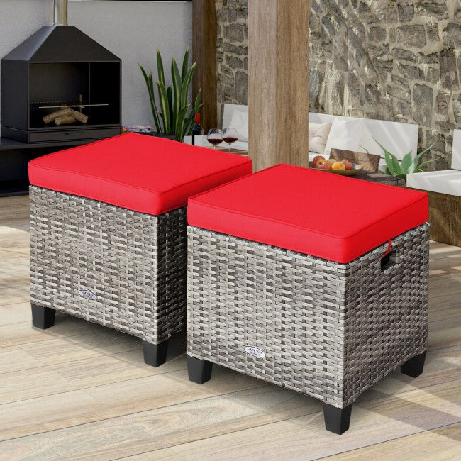 2 Pieces Patio Rattan Ottomans Seat Outdoor Footstool Footrest with Removable Cushions