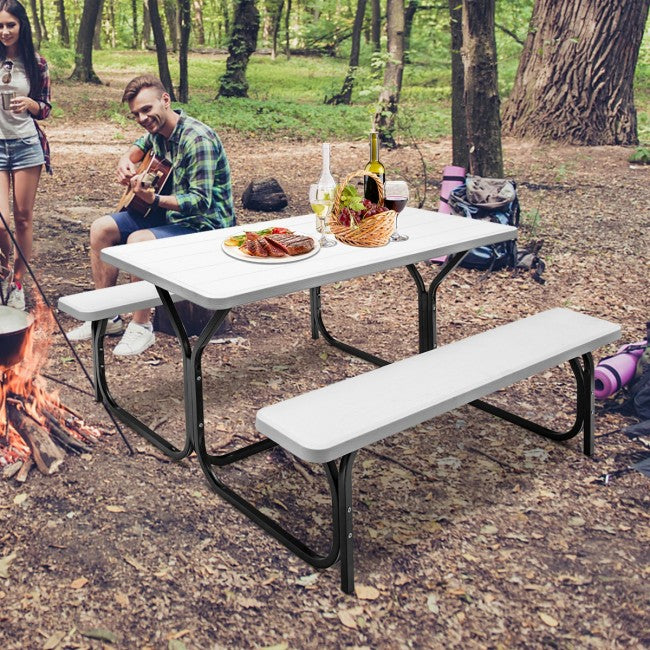 Outdoor Camping Table Bench Set Picnic All Weather Dining Set with Metal Base and Wood-Like Texture