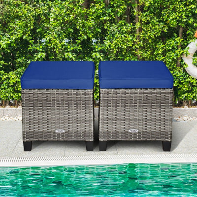 2 Pieces Patio Rattan Ottomans Seat Outdoor Footstool Footrest with Removable Cushions