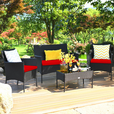 4 Pieces Patio Rattan Cushioned Sofa Set with Tempered Glass Coffee Table