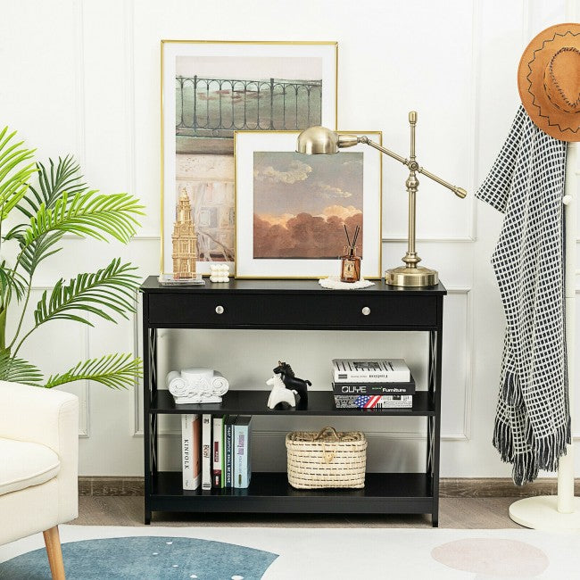 3-Tier Side Console Table Entryway Table Narrow Accent Table with Drawer and Storage Shelves