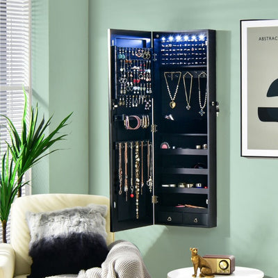 6 LEDs Mirror Jewelry Cabinet Full Screen Display Armoire Organizer with 2 Drawers