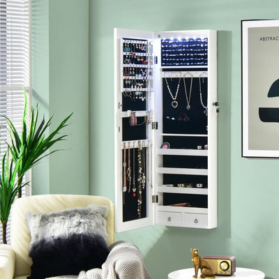 6 LEDs Mirror Jewelry Cabinet Full Screen Display Armoire Organizer with 2 Drawers