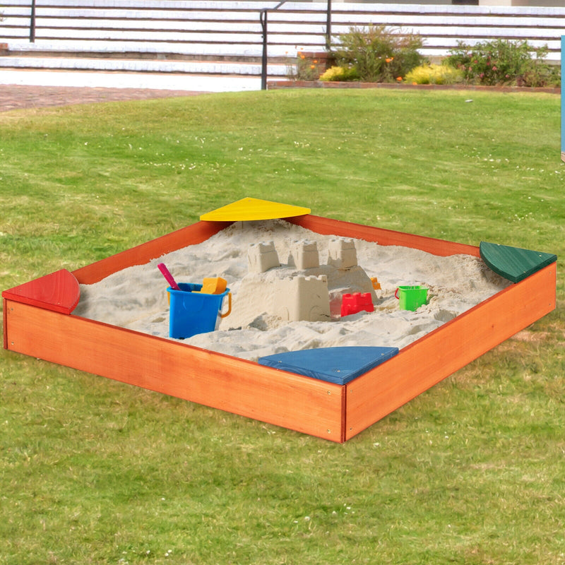 Kids Outdoor Wooden Backyard Sandbox with Built-in Corner Seating