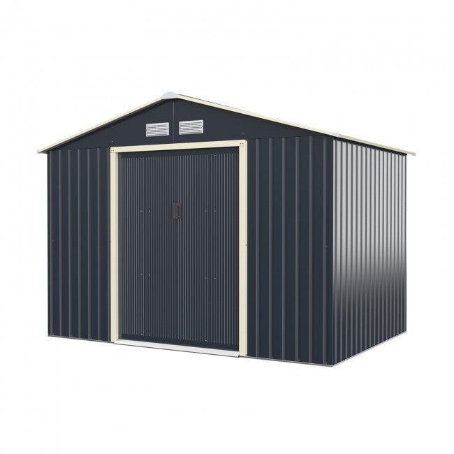 9 x 6 FT Outdoor Metal Storage Shed Organizer Patio Garden Steel Tool House with 2 Sliding Doors and 4 Vents