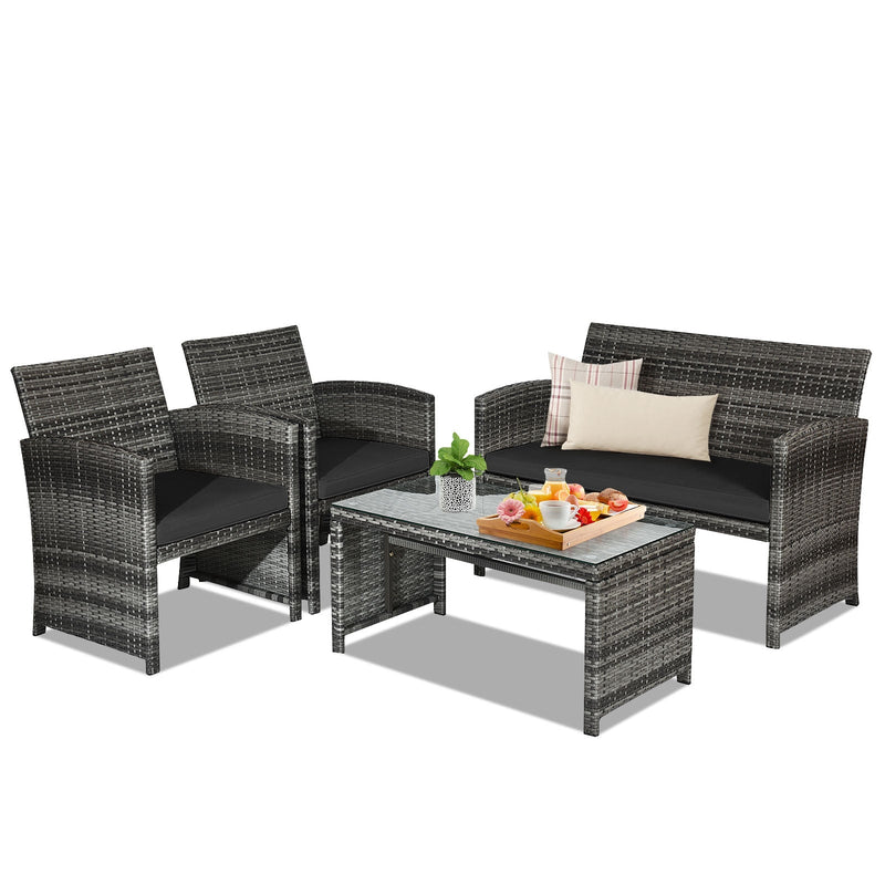 4 Pieces Patio Rattan Furniture Set with Glass Table and Loveseat