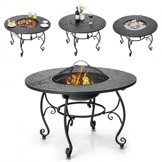 35.5" Multifunctional Outdoor Portable Fire Pit Patio Fireplace Dining Table with BBQ Grill and Log Grate