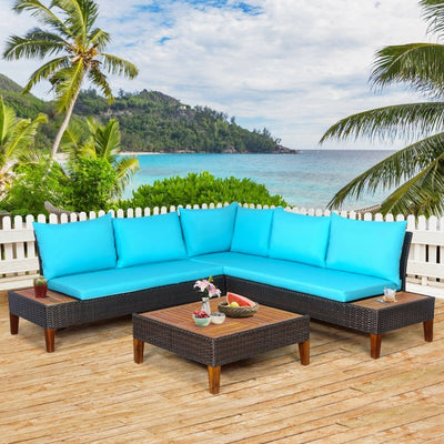 4 Pieces Outdoor Patio Rattan Wicker Furniture Set with Cushion and Side Table