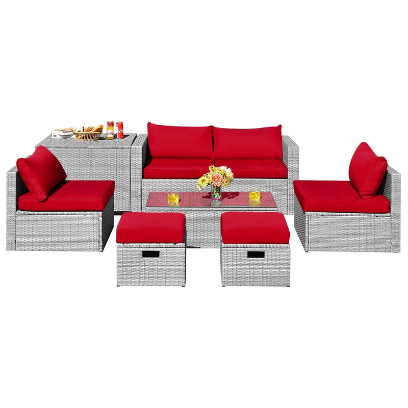 8 Pieces Patio Cushioned Rattan Furniture Set with Storage Waterproof Cover and Space-Saving Design