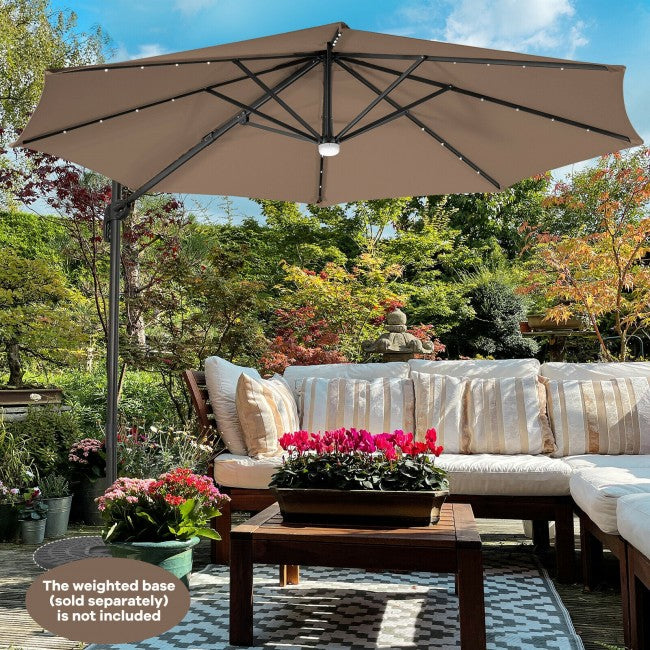 10ft Patio Cantilever Umbrella Outdoor Hanging Offset Umbrella with Solar LED Lights and 360-Degree Rotation