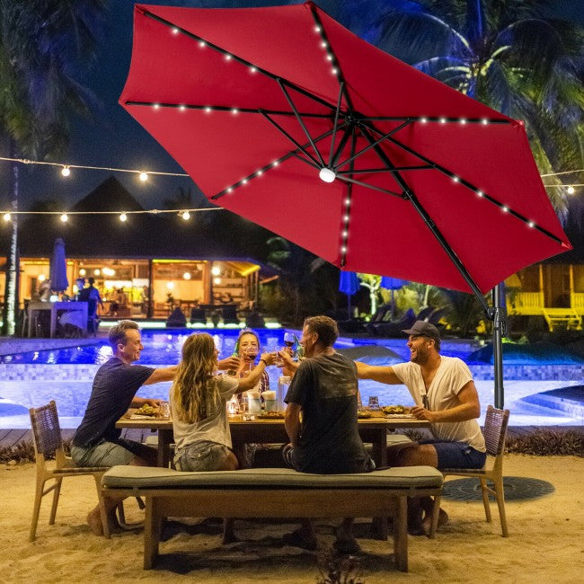 10ft Patio Cantilever Umbrella Outdoor Hanging Offset Umbrella with Solar LED Lights and 360-Degree Rotation