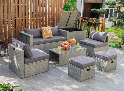 8 Pieces Patio Cushioned Rattan Furniture Set with Storage Waterproof Cover and Space-Saving Design