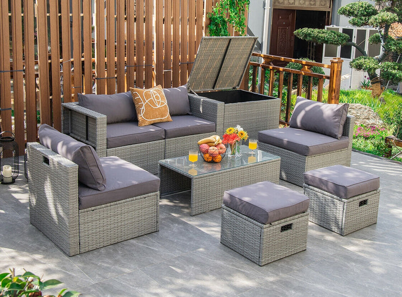 8 Pieces Patio Cushioned Rattan Furniture Set with Storage Waterproof Cover and Space-Saving Design