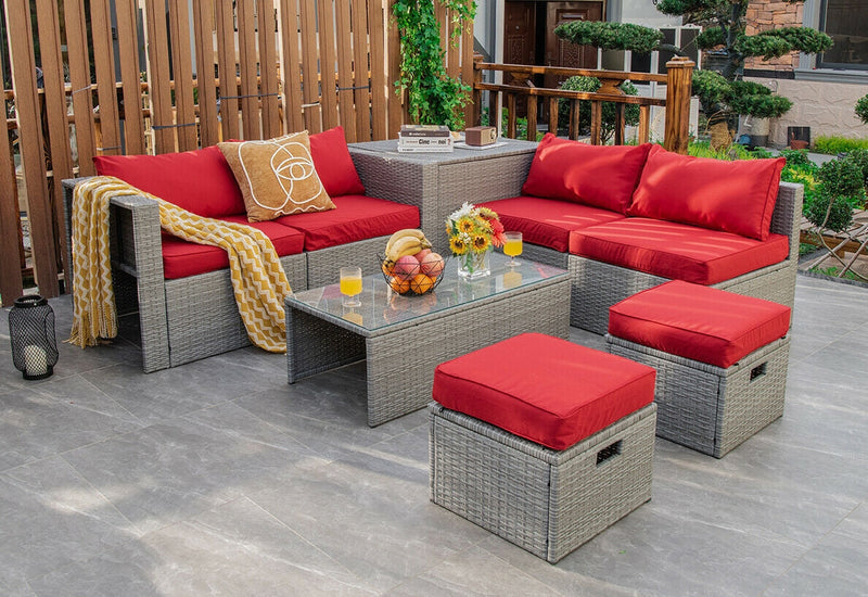 8 Pieces Patio Cushioned Rattan Furniture Set with Storage Waterproof Cover and Space-Saving Design