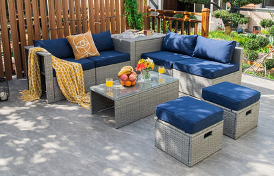 8 Pieces Patio Cushioned Rattan Furniture Set with Storage Waterproof Cover and Space-Saving Design