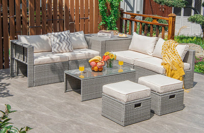 8 Pieces Patio Cushioned Rattan Furniture Set with Storage Waterproof Cover and Space-Saving Design