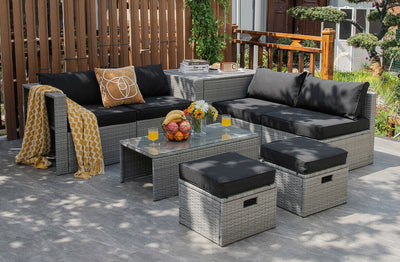 8 Pieces Patio Cushioned Rattan Furniture Set with Storage Waterproof Cover and Space-Saving Design