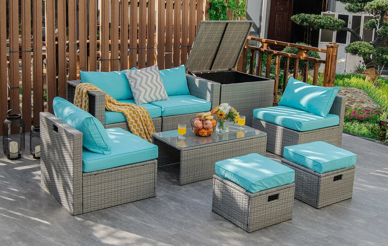 8 Pieces Patio Cushioned Rattan Furniture Set with Storage Waterproof Cover and Space-Saving Design