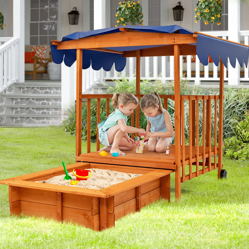 Kids Outdoor Wooden Retractable Sandbox with Cover and Built-in Wheels