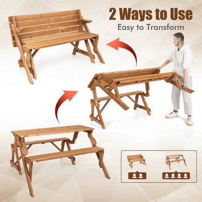 2-in-1 Transforming Interchangeable Wooden Picnic Table Bench with Umbrella Hole