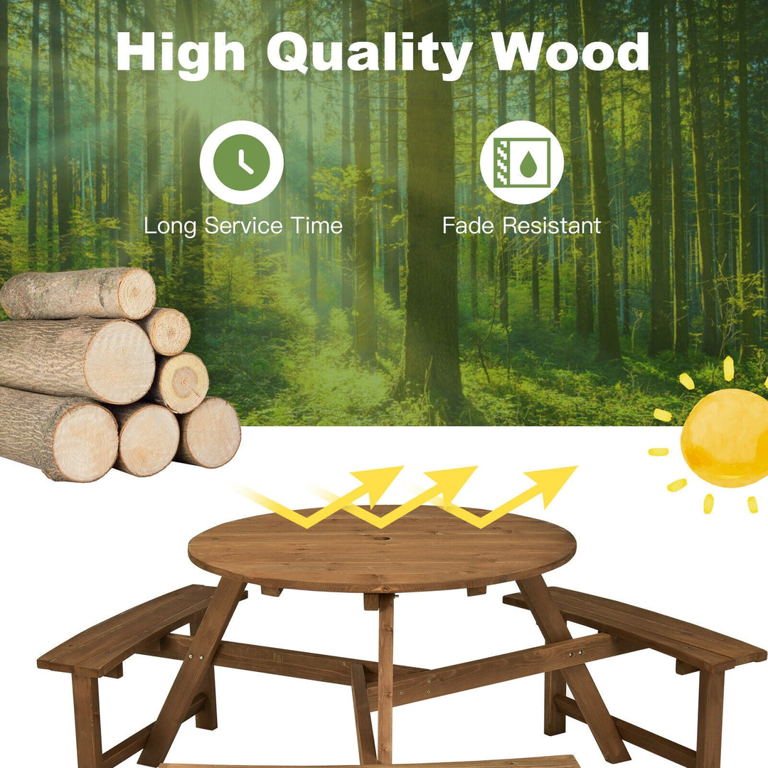 6-person Round Wooden Picnic Table with Umbrella Hole and 3 Built-in Benches