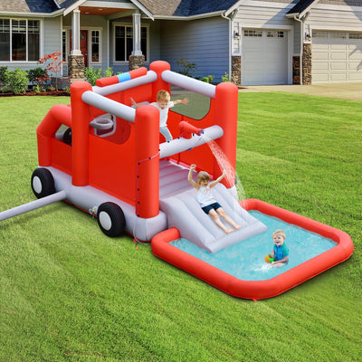 Fire Truck Themed Inflatable Castle Water Park Kids Bounce House w/ 480W Blower