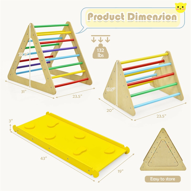 3-in-1 Kids Pikler Triangle Climber Toddler Wooden Climbing Triangle Set with Ladder & Slide for Boys Girls
