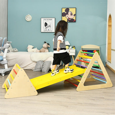 3-in-1 Kids Pikler Triangle Climber Toddler Wooden Climbing Triangle Set with Ladder & Slide for Boys Girls